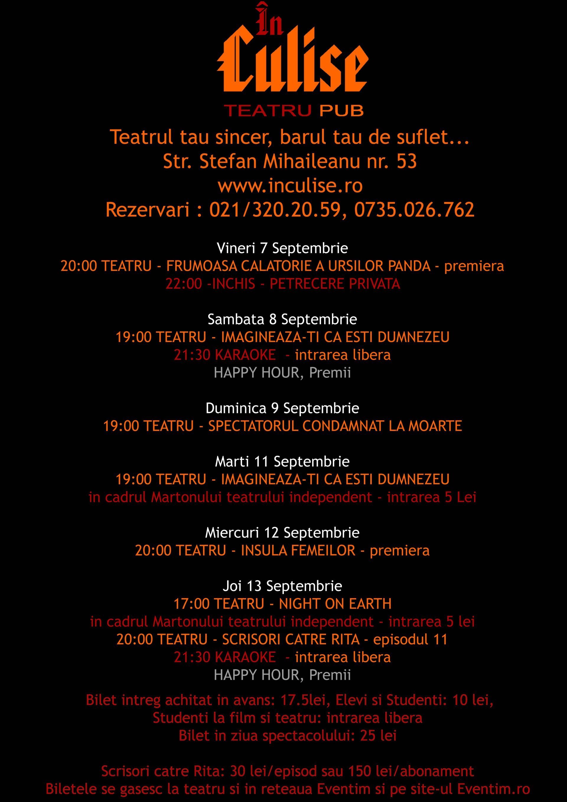 Program Teatru In Culise 7 13 Septembrie Casamea Ro